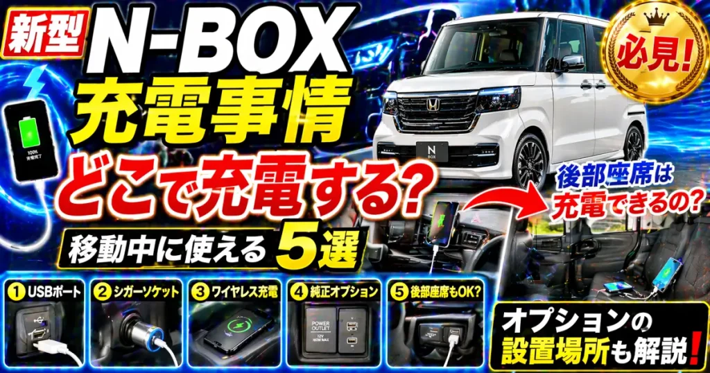 新型N-BOX 車内での スマホ充電 事情。移動中どこで充電する5選。新型の後部座席は充電できるのか、オプションは何処に設置されるか