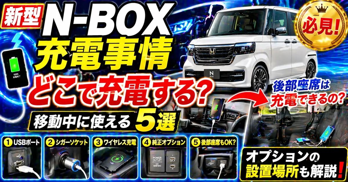 新型N-BOX 車内での スマホ充電 事情。移動中どこで充電する5選。新型の後部座席は充電できるのか、オプションは何処に設置されるか