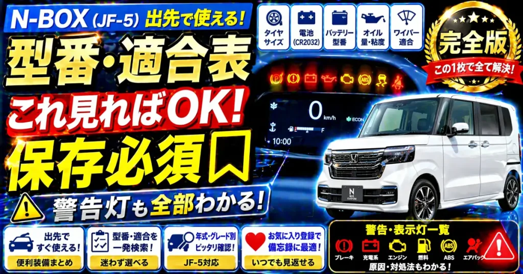 N-BOX (JF-5) 出先で使える装備の型番・適合表。お気に入り登録して 備忘録としてつかう。警告・表示灯一覧