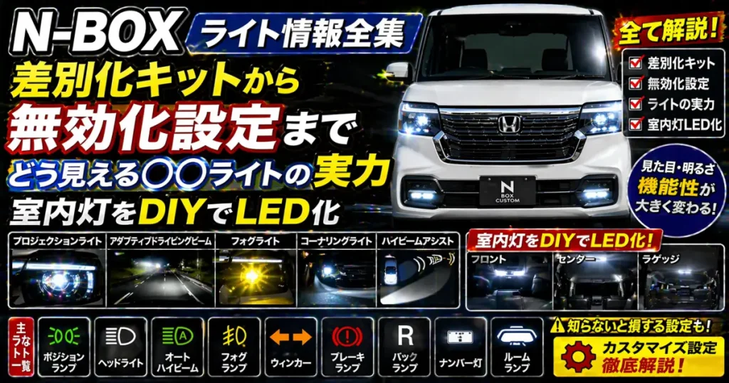 N-BOX ライト情報 全集 差別化キットから 無効化設定まで。どう見える〇〇ライトの実力。室内灯をDIY で LED化