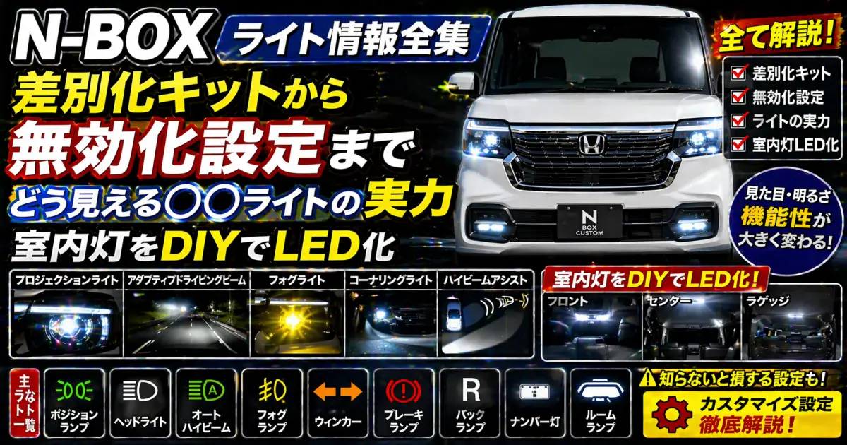N-BOX ライト情報 全集 差別化キットから 無効化設定まで。どう見える〇〇ライトの実力。室内灯をDIY で LED化