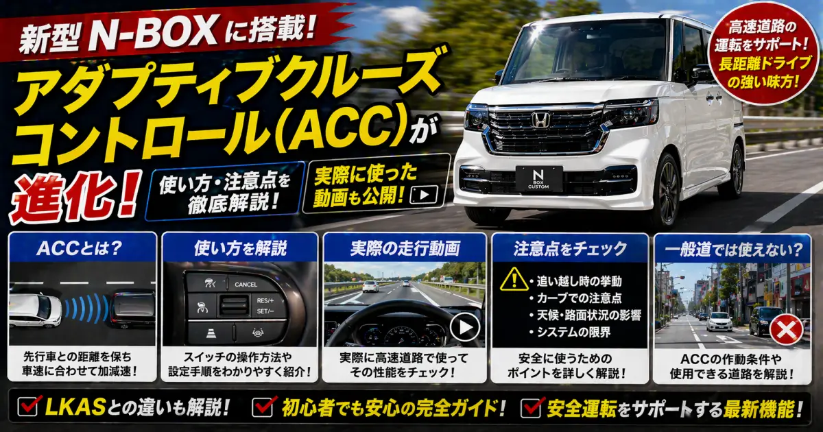 新型N-BOXのアダプティブクルーズコントロール(ACC)が進化。その使い方と注意点、実際に使った動画を公開。一般道では使えない
